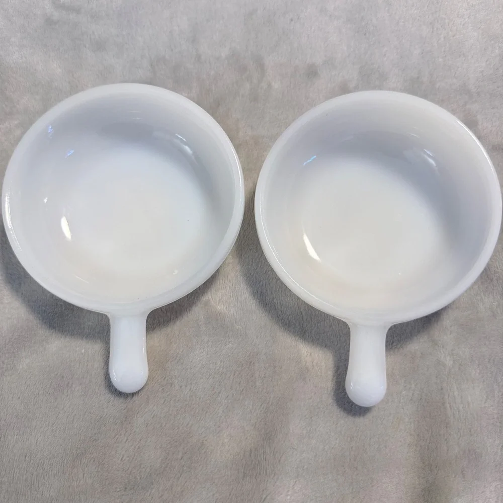 Vintage Glasbake White Milk Glass Handled Soup Chili Bowls Set of 2 USA